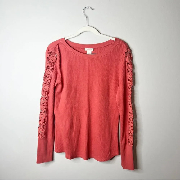 Sundance Pink Waffle Knit Crochet Sleeve Top - Picture 1 of 6